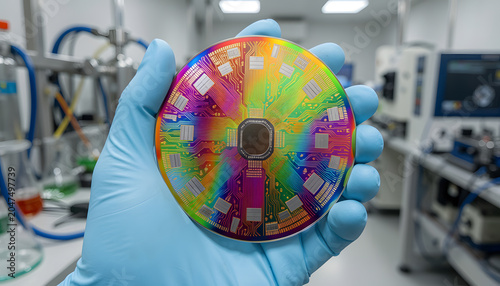 Close-up of a colorful silicon wafer with integrated circuits held by a gloved scientist in a high-tech semiconductor laboratory. Advanced microchip manufacturing, nanotechnology research, innovation