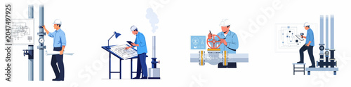 Cuadro en lienzo Set of industrial engineering illustrations featuring professional workers managing piping systems, technical blueprints, and equipment maintenance in a facility
