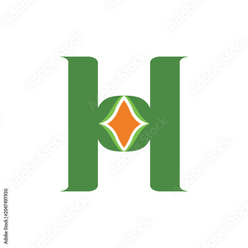 Green H Letter Logo With Orange Diamond Emblem for Eco Brand and Organic Business Identity