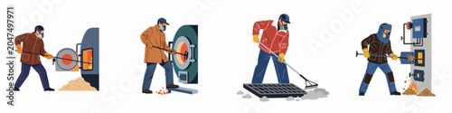 Fotografía Vector illustrations of industrial workers in protective gear operating high-temperature furnaces and stoking fires within a factory or manufacturing facility