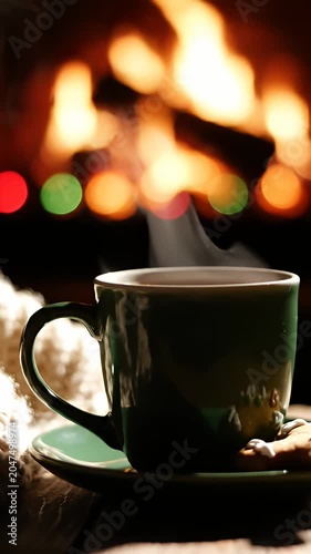 Green ceramic mug on saucer with steam and bokeh lights.