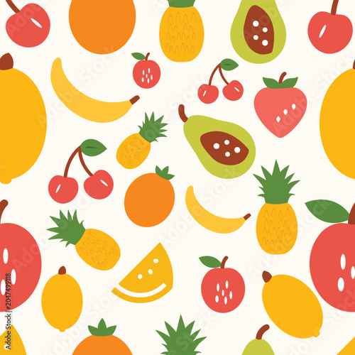 Summer Fruits Seamless Pattern with Colorful Hand Drawn Organic Tropical Fruit Food Elements.