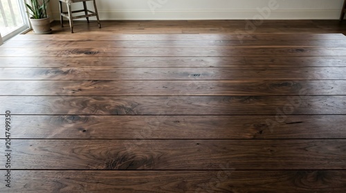 A wide horizontal view of heavy, dark walnut wood planks showing a rich, flowing grain pattern and occasional natural knots, finished with a subtle, low-gloss wax.