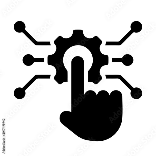 Interactive tech gear icon with click hand pointer, black solid vector illustration of circuit board cogwheel mechanism for application touch control panel, AI automation trigger, and system configura