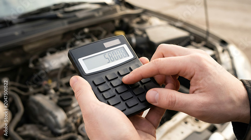 Hands carefully calculating automotive repair costs using a digital device over an open engine