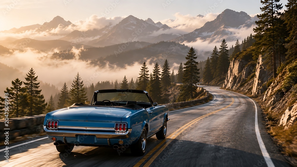 Naklejka premium Vintage Blue Convertible on a Winding Mountain RoadUltra‑realistic shot of a vintage blue convertible (1960s style, generic) driving away from the camera on a winding mountain road surrounded.