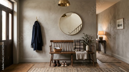 A wide horizontal view of an elegant entryway, featuring a dark oak bench, a simple brass coat hook, and a textured, warm grey limewash wall under soft, warm lighting.