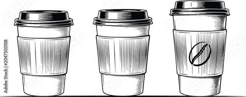 Tableau sur toile Hand drawn takeaway coffee cups, reusable beverage containers sketch vector illu
