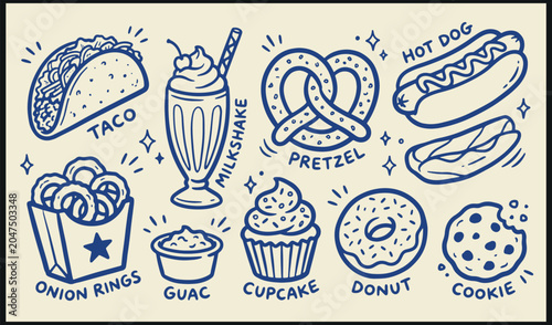 Playful snack and comfort food illustration set with labeled treats