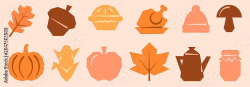 Set of autumn geometric icons with leaf, acorn, pie, turkey, hat, mushroom, pumpkin, corn, apple, teapot, and jar on beige background