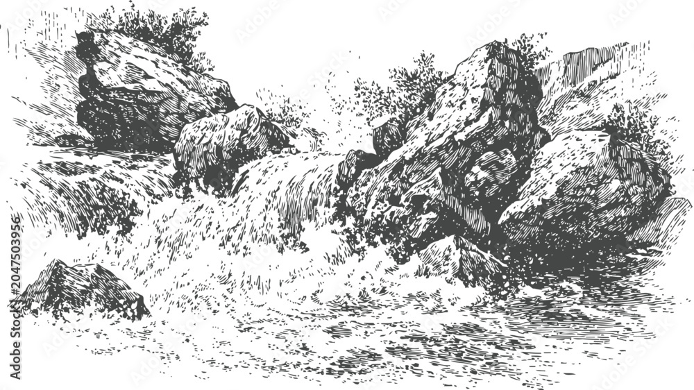 Fototapeta premium Detailed engraving of a rocky waterfall with flowing water and surrounding vegetation