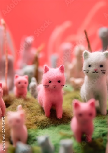 Charming felted cats atop whimsical pastel hill