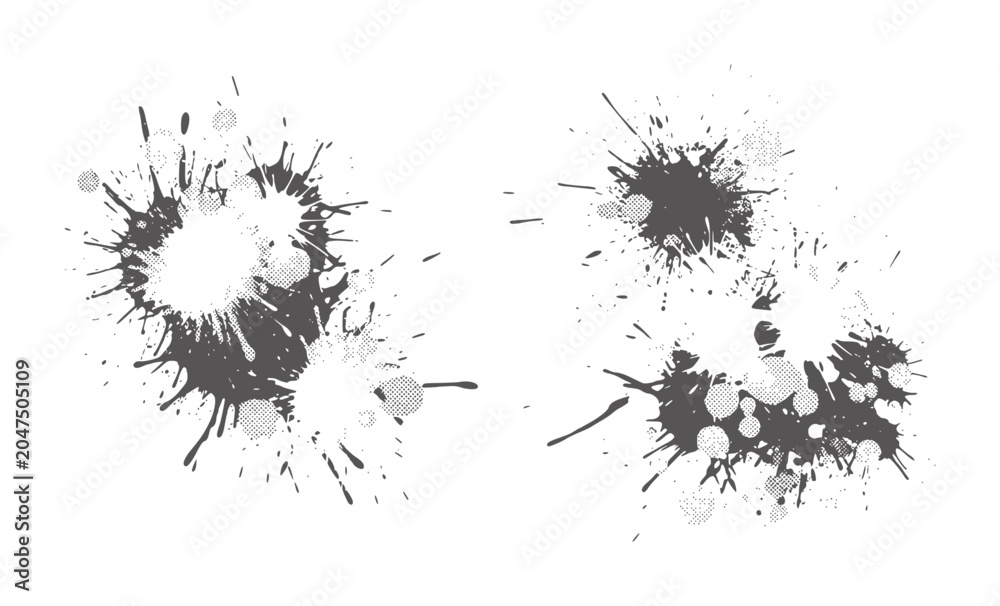 Fototapeta premium Dark grey ink splatters with halftone dots white splash paint