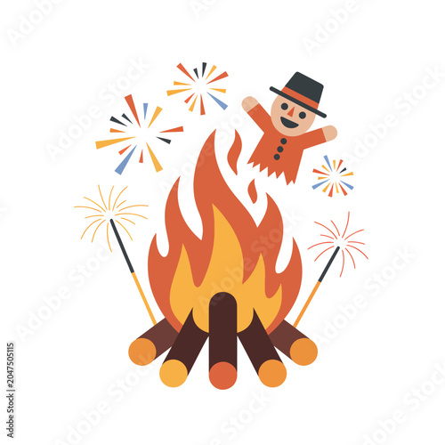 Принти на полотні Bonfire with burning logs, sparklers, colorful fireworks, and a smiling Guy Fawk