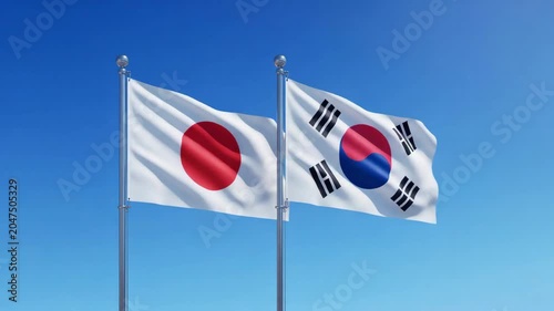 Japanese and South Korean flags waving side by side, national symbols of Japan and South Korea on flagpoles, international relations and diplomacy concept
