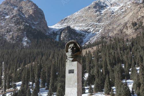 фотографія Barskoon, Kyrgyzstan - March 3, 2025: Stone monument of cosmonaut Yuri Gagarin o