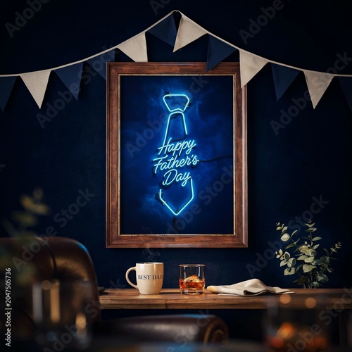 Happy fathers day neon sign in a wooden frame with a mug and whiskey glass
