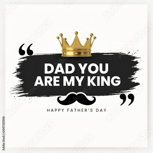 Happy fathers day greeting card with golden crown and mustache isolated on white background