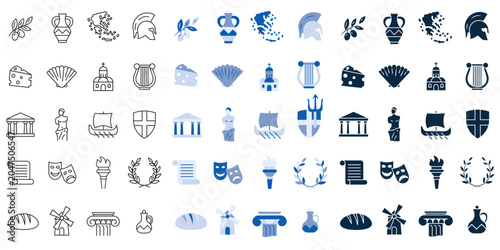 Cuadro en lienzo A set of icons featuring Greek symbols in various styles for tourism projects