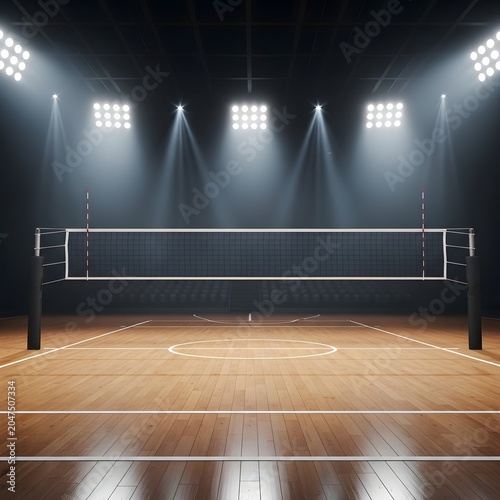Volleyball net stands in the center of an empty indoor court illuminated by bright stadium lights.
