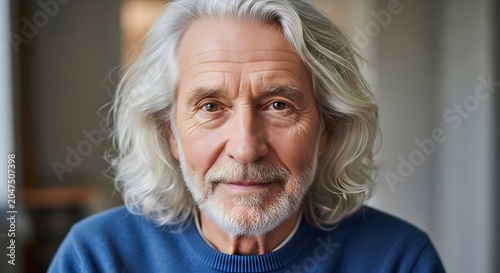 Elderly man with gray hair and a beard looks directly into the camera with a calm expression.
