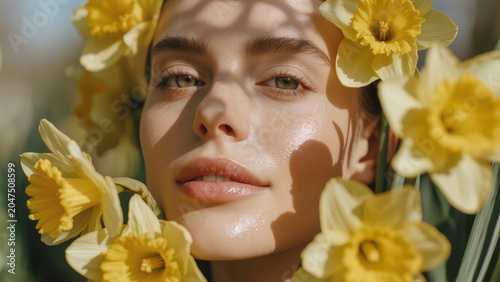 Spring beauty portrait with yellow daffodils. Natural skincare glow. Floral wellness mood. Clean cosmetic campaign.