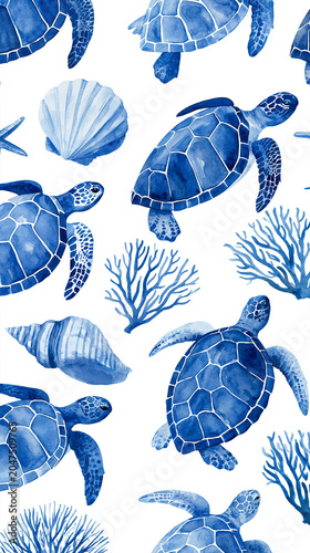 Seamless pattern with blue turtles marine coral and seashell, watercolor nautical background for textile and wallpaper, artistic marine life illustration for tropical style