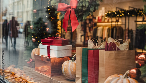 Festive holiday window display with gifts and decorations.