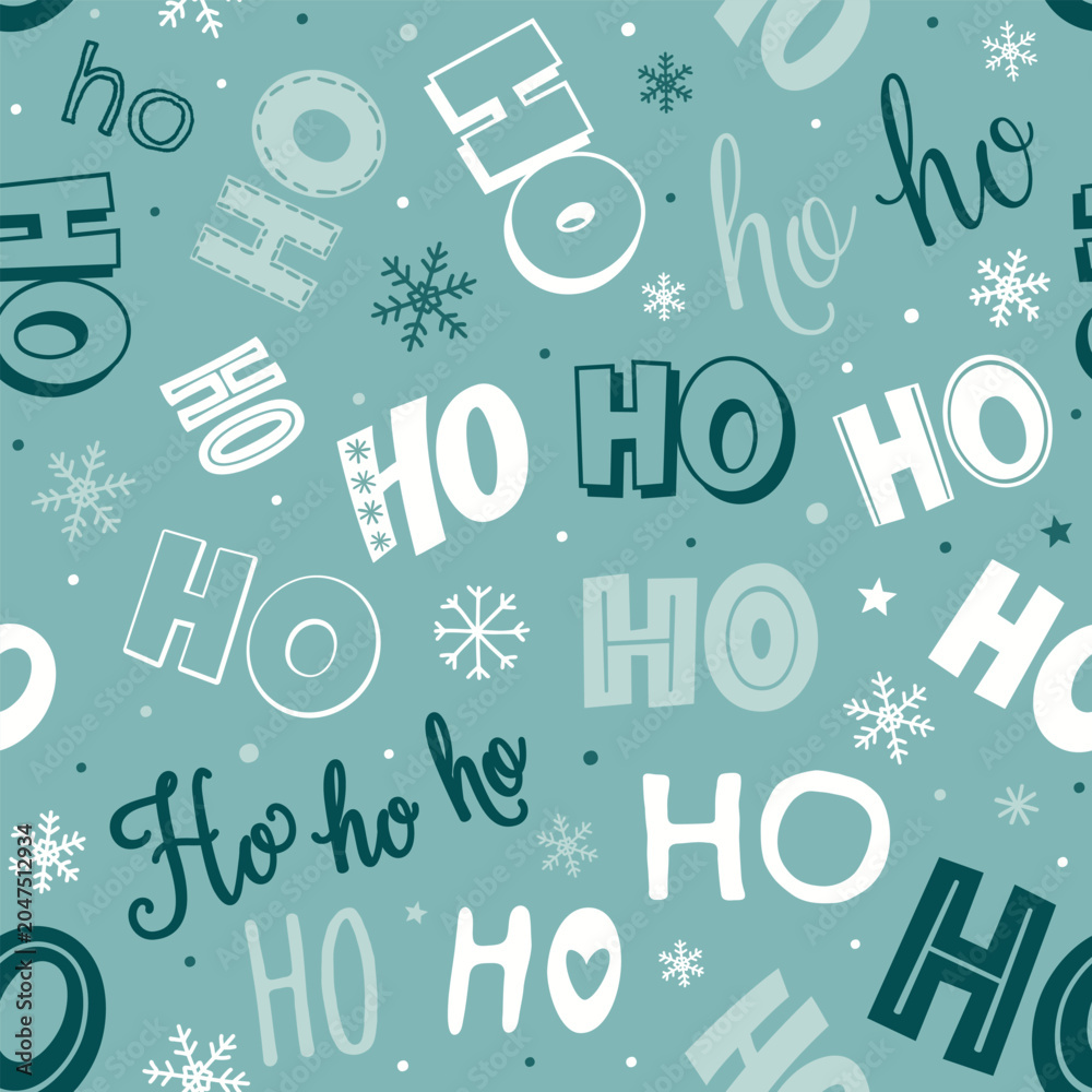 Fototapeta premium Christmas ho ho typography seamless pattern with snowflakes, stars, dots, and teal festive background for holiday designs