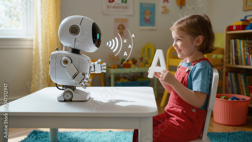 Girl learning letter A pronunciation with robot teacher. Alphabet phonics lesson. Speech and early literacy assistant.