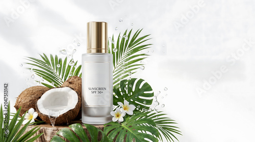 Summer Skincare Advertising Banner with Tropical Cosmetic Display