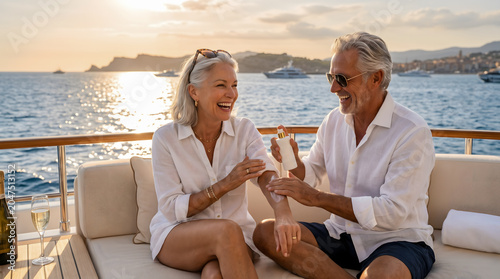 A happy mature man and woman laughing together while protecting their skin during a premium summer cruise vacation on the sea.