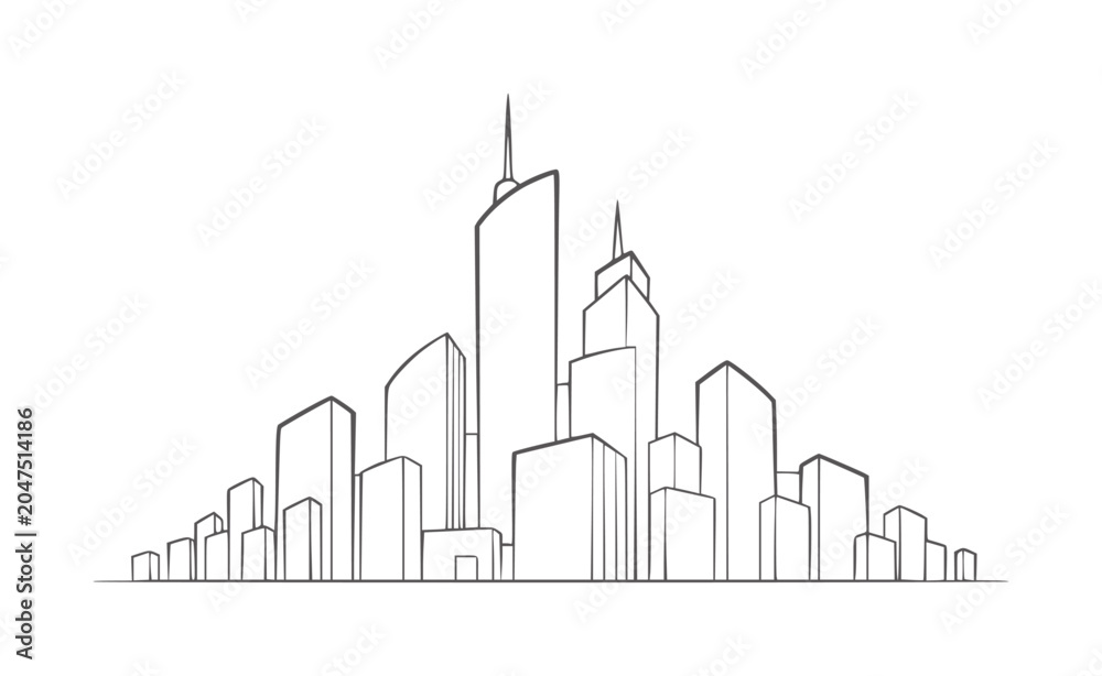 Fototapeta premium Minimalist line of a city skyline with various skyscrapers buildings architecture
