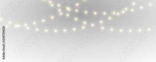 PNG. Christmas glowing LED string garland on transparent background. Bright festive bulbs for holiday decoration. Vector isolated element for design work.
