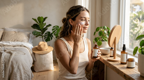 A beautiful female practicing self care and digital detox preparation with skincare products and green plants next to a bright window.
