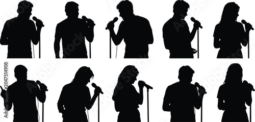 Bild auf Leinwand Silhouettes set of male and female singers performing with microphones, concepts