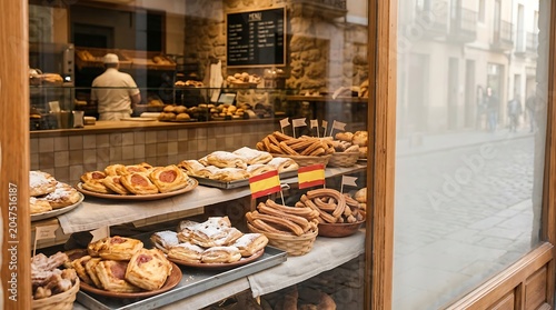 Fresh pastries and churros displayed in a spanish bakery window