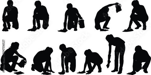 Quadro su tela Silhouettes set of people cleaning floor with rags and buckets, concepts of prof