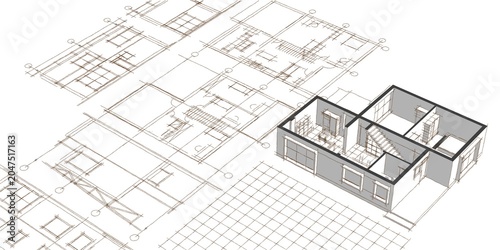 house architectural project sketch 3d illustration