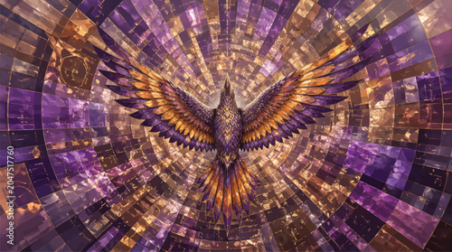 Photos Majestic Phoenix Bird Digital Art with Purple and Gold Geometric Stained Glass P