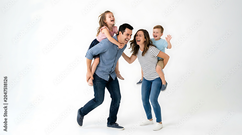 Obraz premium Happy parents giving piggyback rides to their two children indoors with children