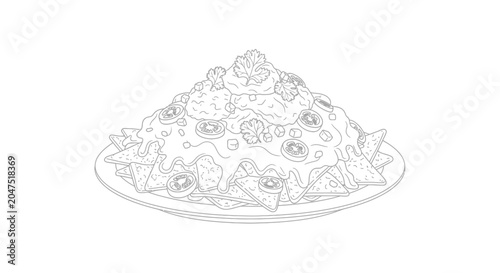 Foto A detailed black and white line art illustration of a plate of loaded nachos