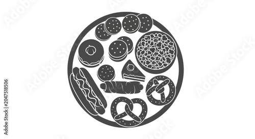 Bild auf Leinwand A circular platter filled with various snacks and fast food items in a sketch style