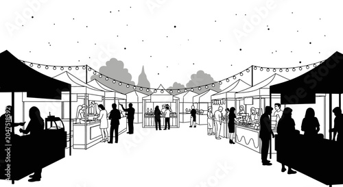 A black and white sketch illustration of a bustling outdoor market with vendors and shoppers.