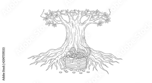 Foto Treasure Chest Hidden Under Ancient Tree Roots, Drawing