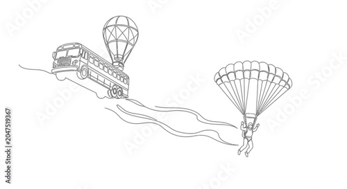 Foto Surreal bus with parachute escape, abstract line art concept