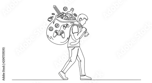 Cuadro en lienzo Young man carrying bag full of video games and alcohol
