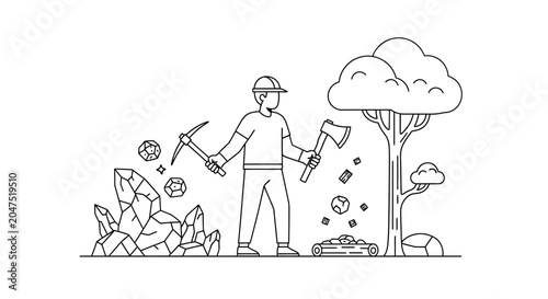 Foto Miner with pickaxe and axe next to crystals and tree, mining and logging concept