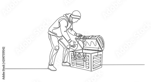 Tableau sur toile Thief opening treasure chest, continuous line drawing