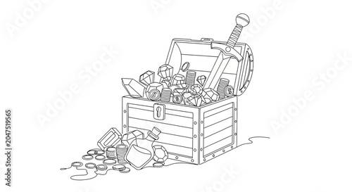 Foto Treasure Chest Overflowing with Jewels, Coins, and Sword - Line Art Illustration